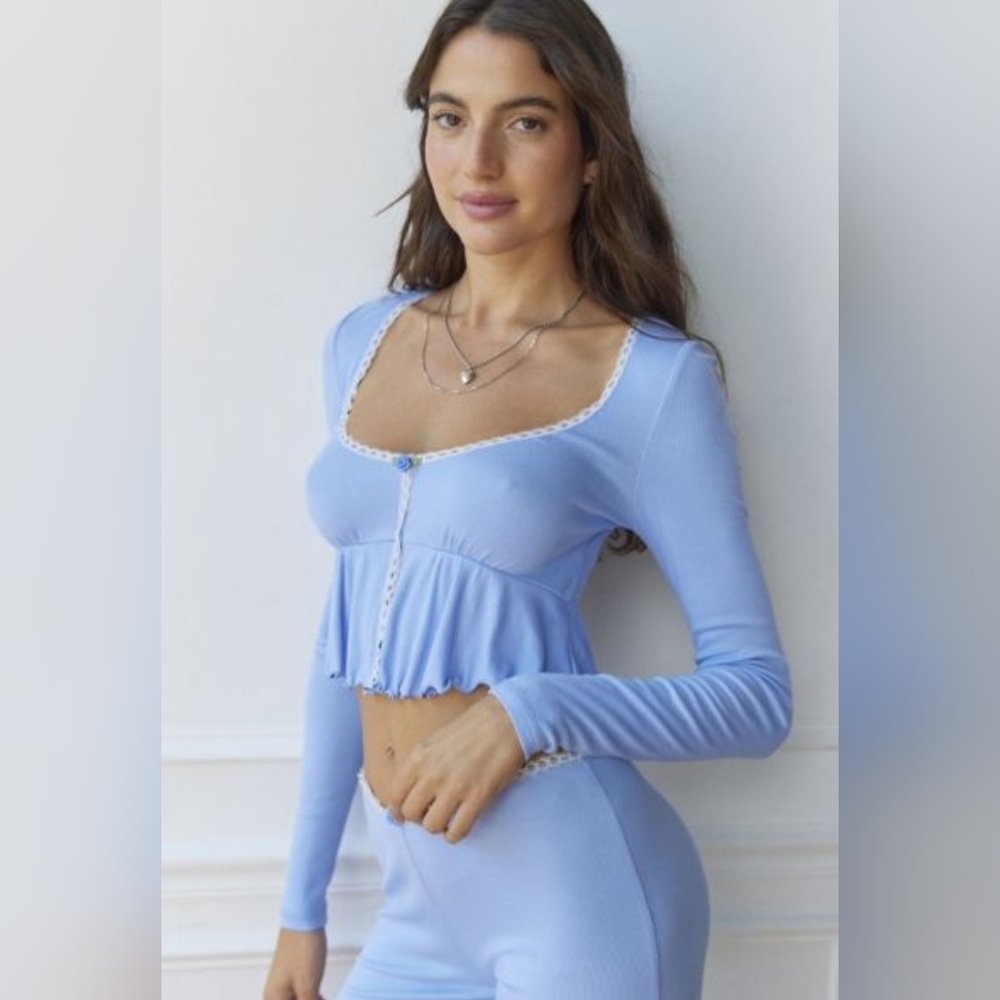 Urban Outfitters Light Blue Ruffled Long Sleeve Top